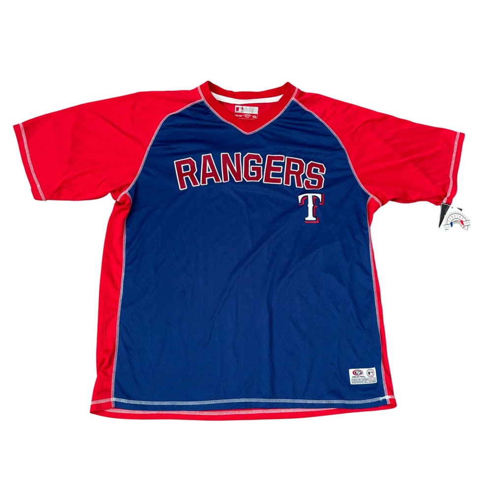 NWT True Fan Texas Rangers MLB Jersey Shirt Men's Sz 2XL Blue Red V Neck